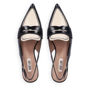 Bibi Lou black and white patent leather kitten heel slingback pumps 38